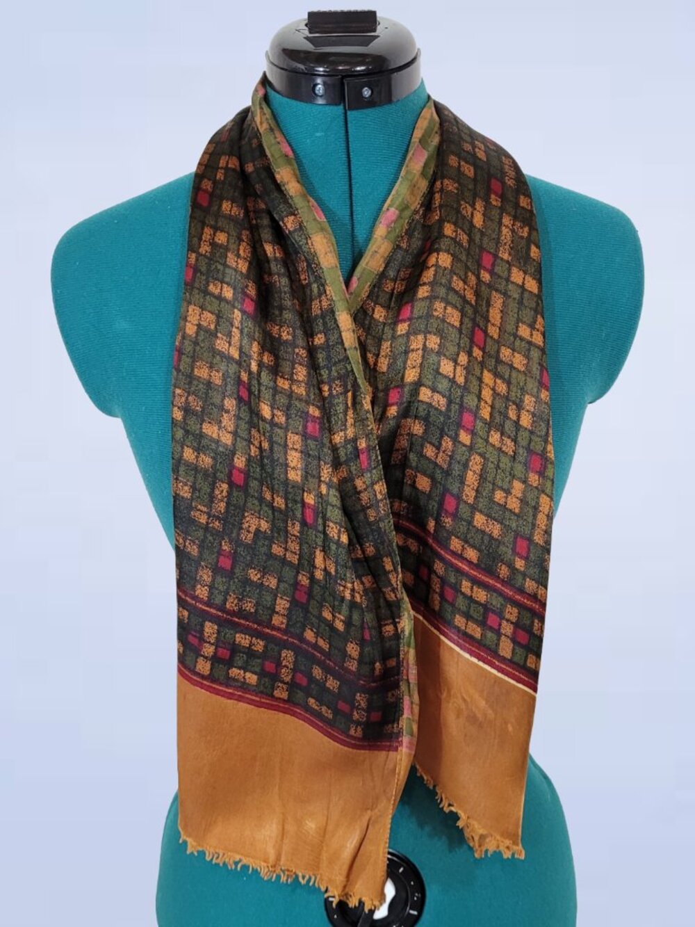Vintage Geometric Acetate Scarf Muted Green Gold Grid Fringed